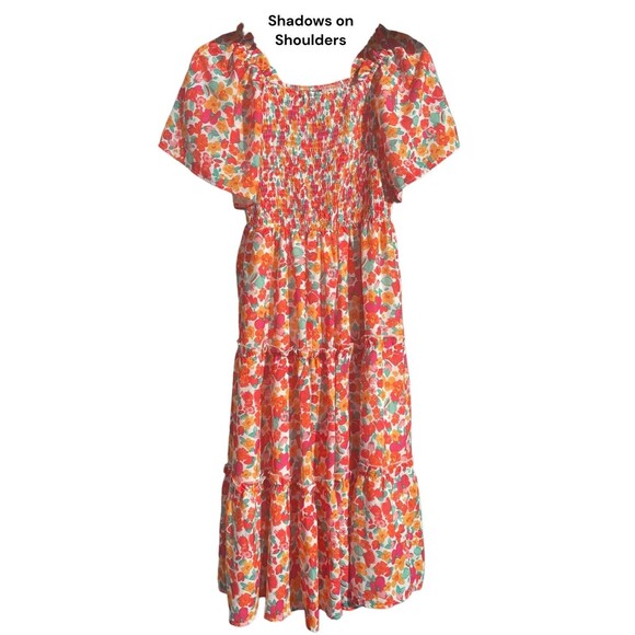 Lillusory Tiered Floral Dress Smocking Sweet Feminine Boho Flowy Coral Pink S - Picture 2 of 12